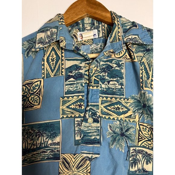 Vintage Reyn Spooner Men's Small Pullover 1/3 Button Blue Palm Trees Shirt FLAW - Picture 5 of 11